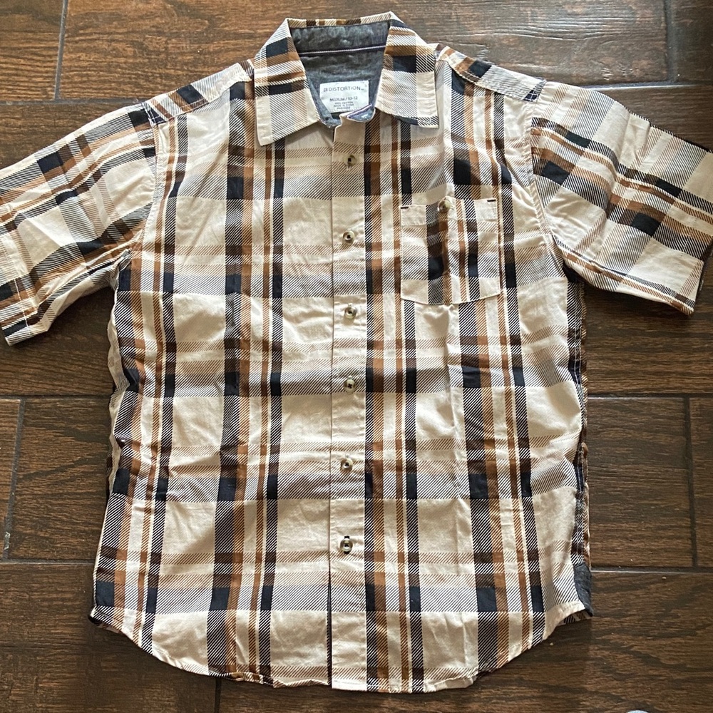 Distortion Casual Plaid Button Down Shirt - Brown and White 10/12 💯% Cotton